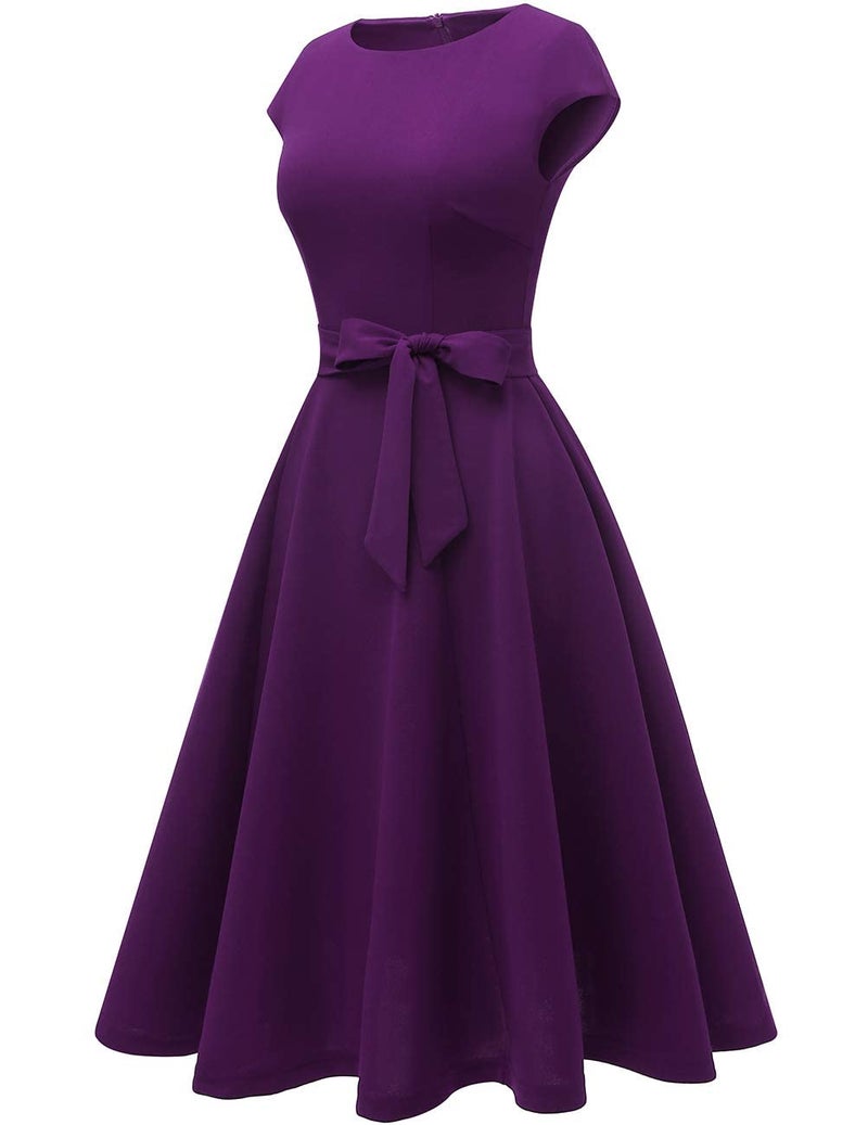 DRESSTELLS Cocktail Womens Dresses for Wedding Guest, Semi Formal Modest Easter Tea Party Ladies Fit and Flare Retro Midi Dress Grape Purple L - Image 4